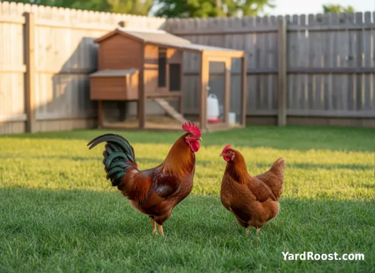 Two backyard chickens side by side, one rooster and one hen, showing visible differences in comb, wattles, and tail feathers.