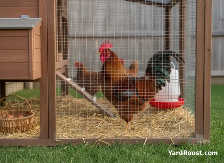 Maturing rooster in a backyard run showing larger comb, wattles, pointed neck feathers, and curved tail feathers.