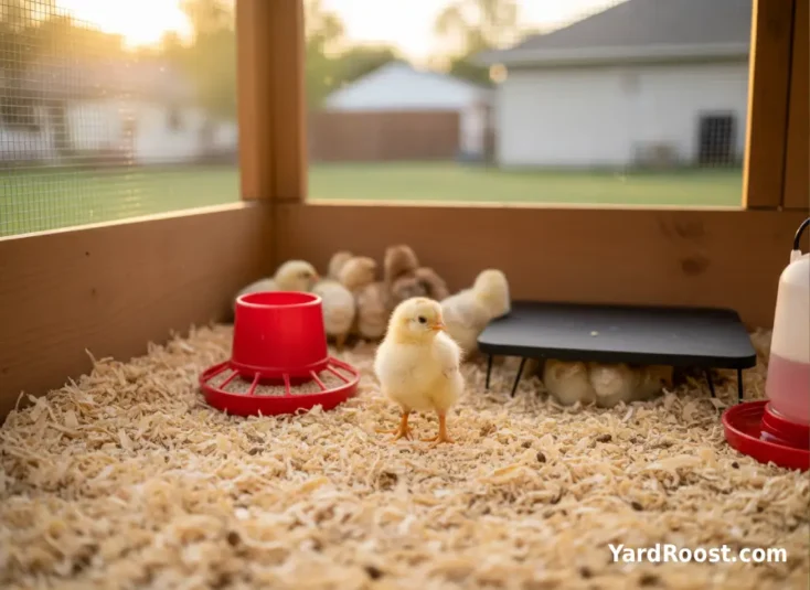 Small group of young chicks in a brooder with one chick showing slightly larger comb growth under warm light.