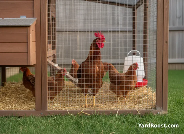 Adolescent cockerel in a backyard coop run with reddening comb and upright posture among same-age pullets.