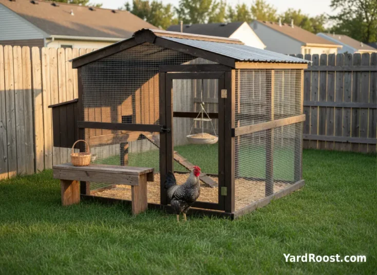 A young barred cockerel stands beside a backyard coop and covered run at golden hour.
