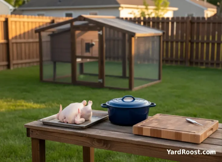 A dressed chicken and Dutch oven sit on an outdoor prep table near a backyard coop.