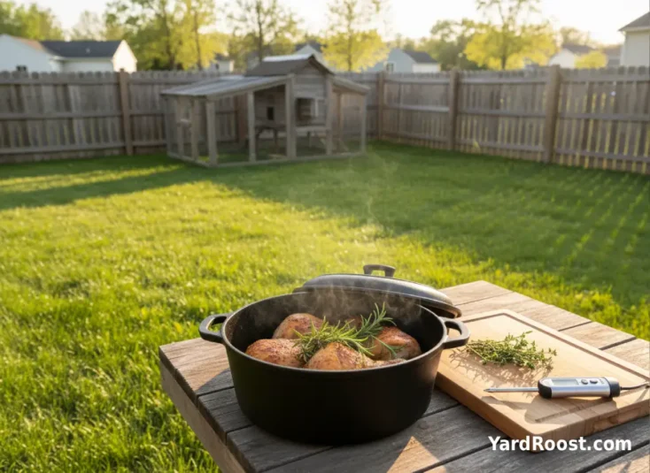A Dutch oven with chicken pieces, herbs, and a thermometer sits on an outdoor table near a backyard coop.