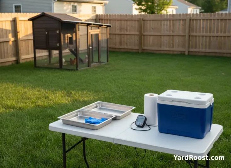 A clean outdoor poultry processing table with trays, gloves, a thermometer, and a cooler beside a backyard coop.