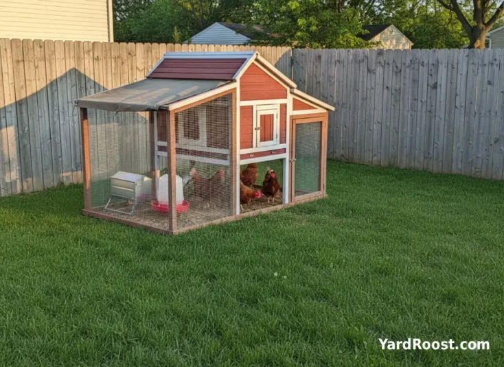 Dual-purpose chickens forage in a grassy enclosed run beside a tidy backyard coop.