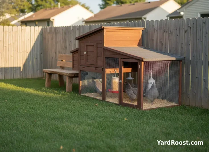 Blue-gray Sapphire Gem type pullets in a covered run beside a backyard coop.