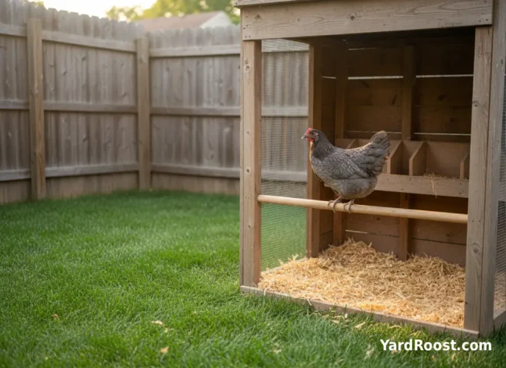 Blue-gray backyard hen perched on a roost bar inside a clean coop.