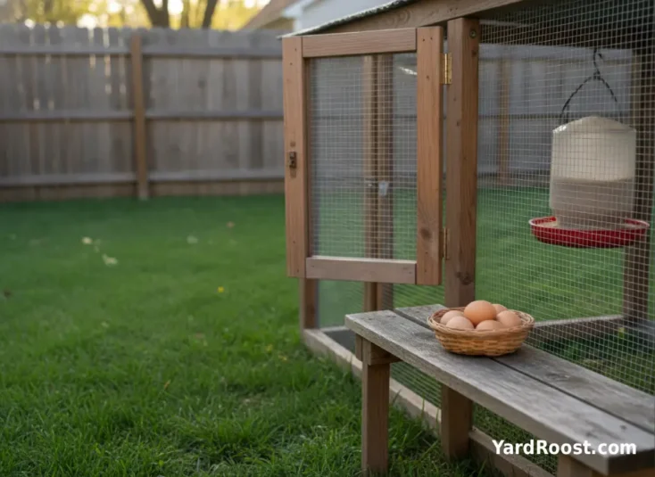 Basket of light to medium brown backyard eggs beside a coop.