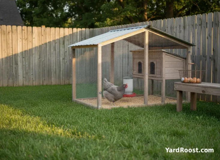 Blue-gray laying hen near a feeder with an egg basket in a backyard run.