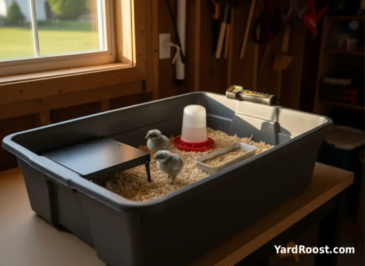 Brooder with heat plate, shavings, waterer, and two blue-gray chicks.