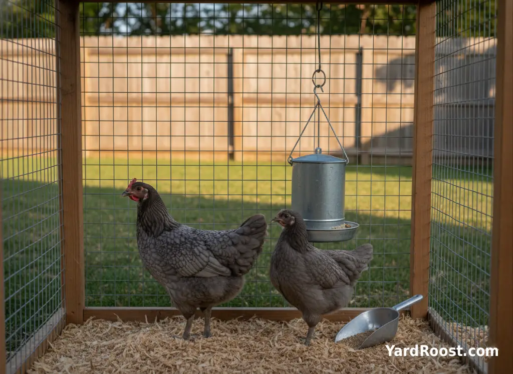 Two adolescent blue-gray chickens showing different feather patterns in a backyard run.