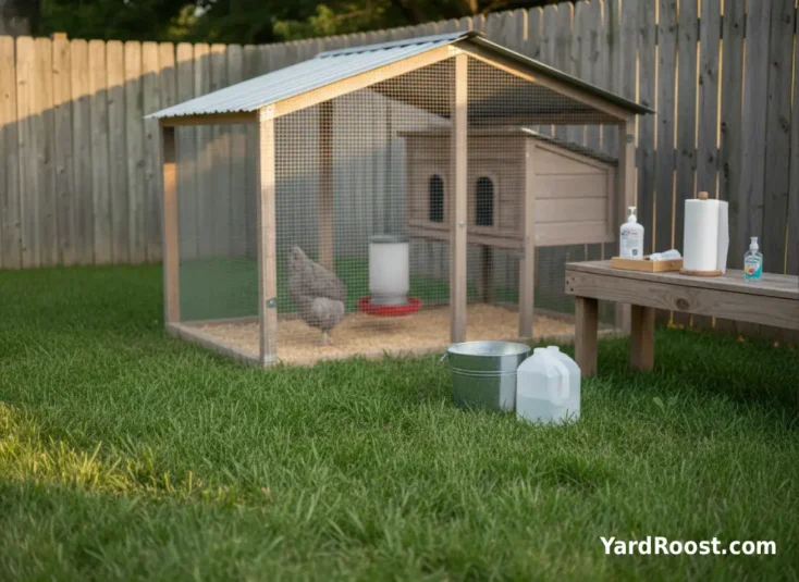 Soap, towels, and sanitizer set up near a backyard chicken coop for hygiene