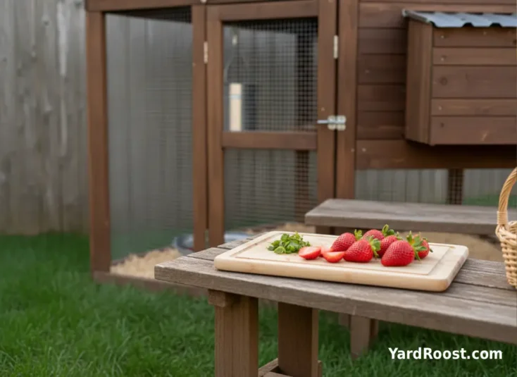 Strawberries with a small pile of trimmed strawberry tops on a cutting board near a chicken coop.