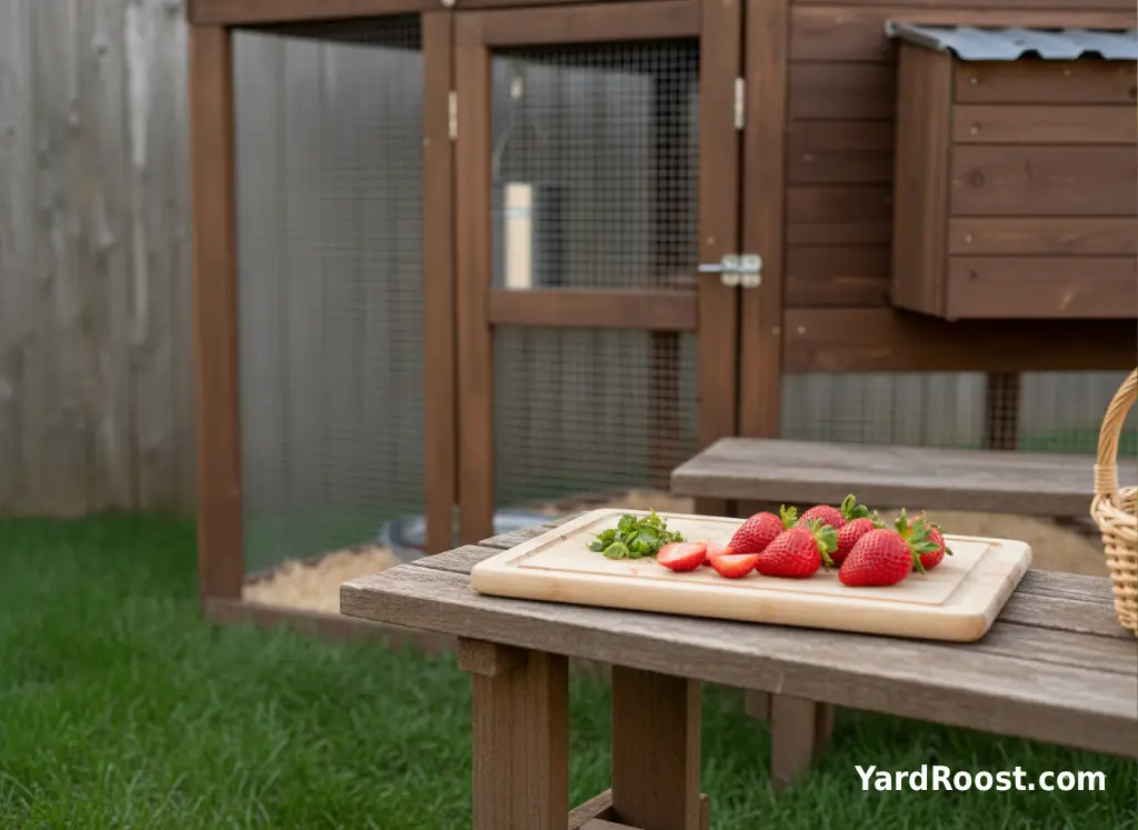 Strawberries with a small pile of trimmed strawberry tops on a cutting board near a chicken coop.