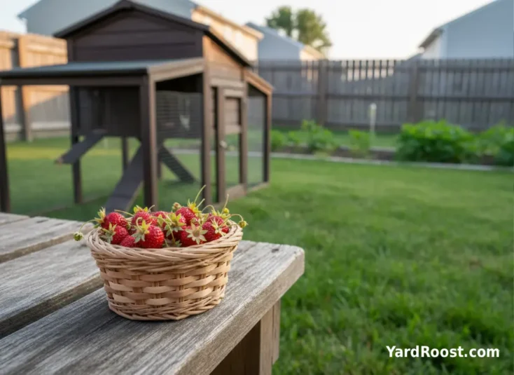 A small basket of wild strawberries on a bench next to a backyard chicken coop.