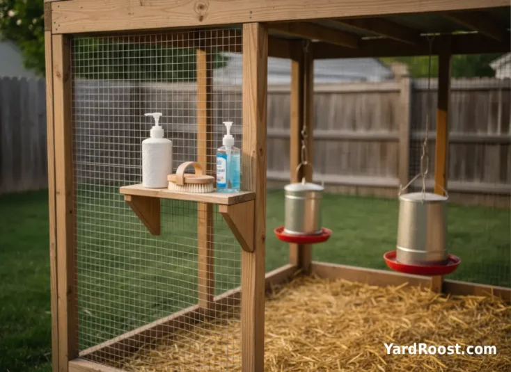 A small coop-side hygiene station with soap and a scrub brush next to a chicken run gate.