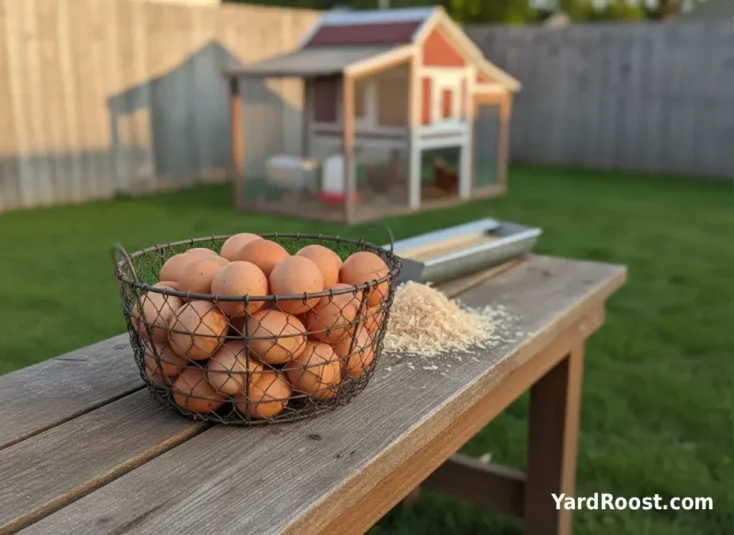 Fresh brown unwashed eggs in a wire basket on a rustic bench beside a backyard coop at golden hour.