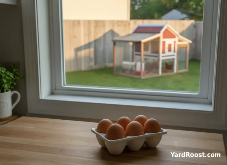 A ceramic egg carton with unwashed eggs sitting on a shaded kitchen counter near an open farmhouse-style window.