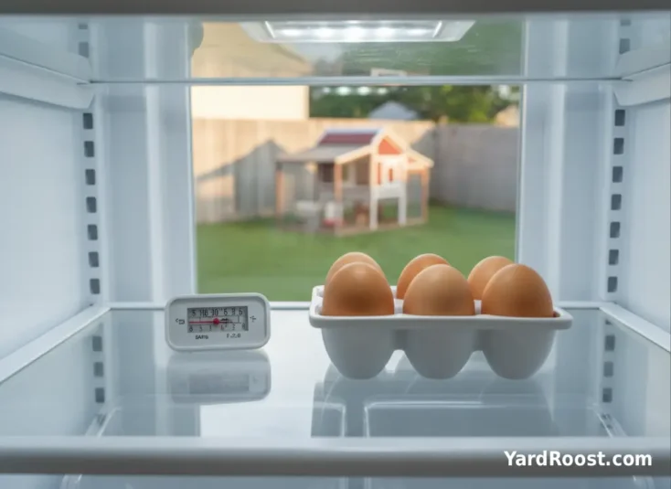 Unwashed backyard eggs stored pointed-end down in a carton on a refrigerator shelf with a thermometer visible.