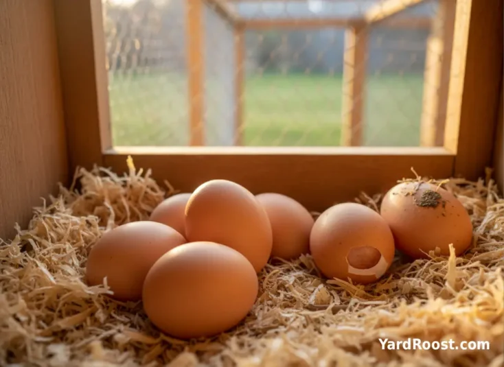 Close view of clean and dirty backyard eggs beside pine shavings in a nest box, showing the difference in shell cleanliness.
