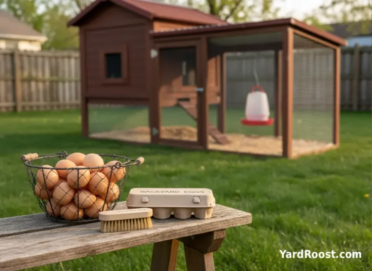 Backyard keeper’s egg basket, dry brush, and labeled carton arranged on a bench outside a clean coop.