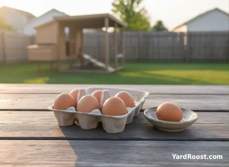 A backyard egg collection setup showing a cracked egg separated from clean intact eggs on a wooden tabletop.