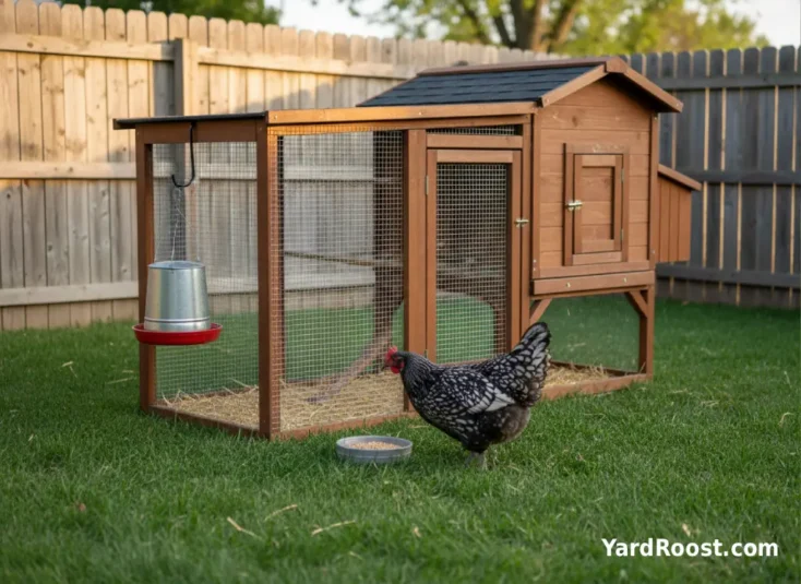 Ancona hen with black-and-white mottling near a covered backyard chicken run.