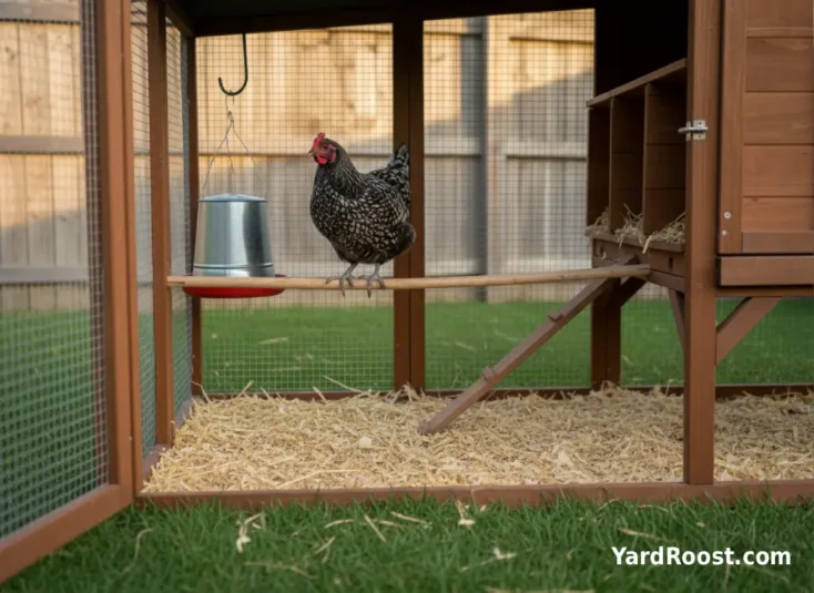 Ancona hen perched on a roost bar inside a clean backyard chicken coop.