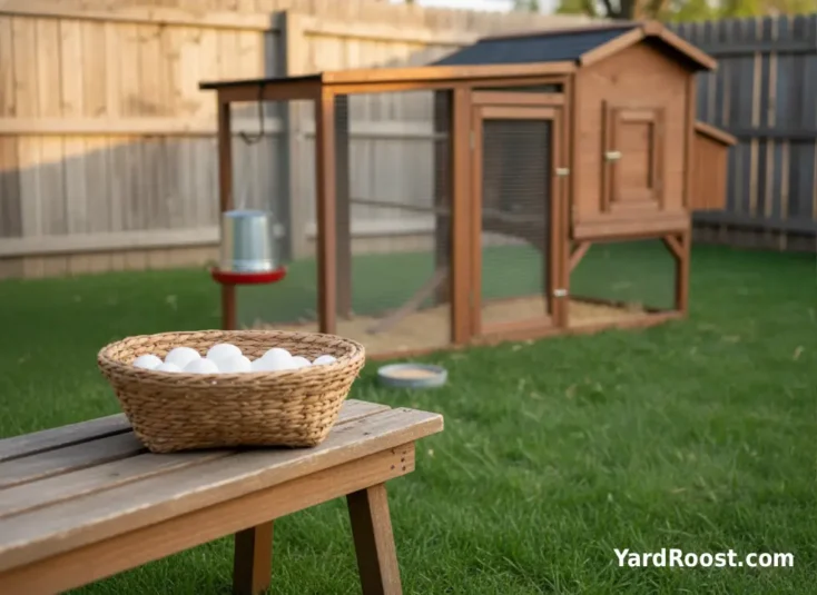 Basket of white Ancona chicken eggs on a bench next to a backyard coop.