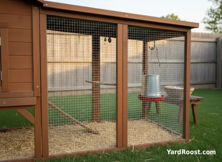Hanging chicken feeder and waterer inside a clean covered run with straw bedding.