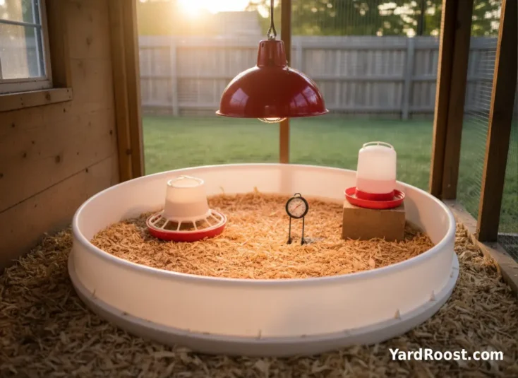 Brooder with heat lamp and thermometer set at chick level for raising baby chicks.