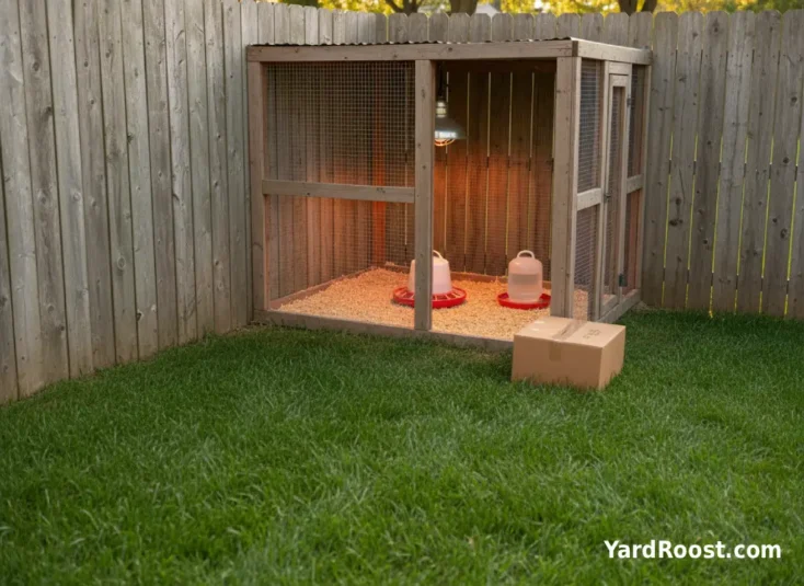 Brooder setup prepared with pine shavings, feeder, and waterer before chicks arrive.