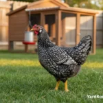 Ancona hen showing white earlobe, yellow legs, and mottled black-and-white feathers.