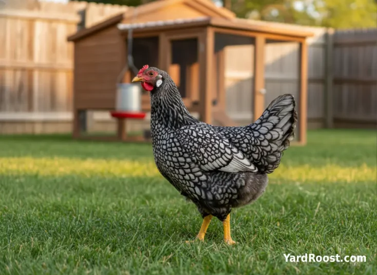 Ancona hen showing white earlobe, yellow legs, and mottled black-and-white feathers.