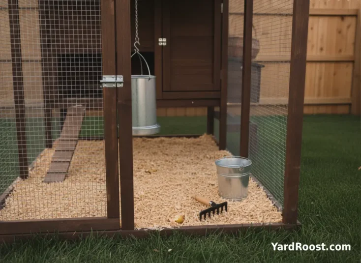 Leftover apple bits in coop bedding near a feeder with cleanup tools ready.
