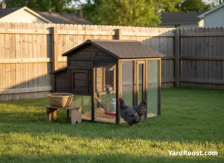 A barred Plymouth Rock hen standing in a grassy backyard run beside a small wooden coop in warm evening light.