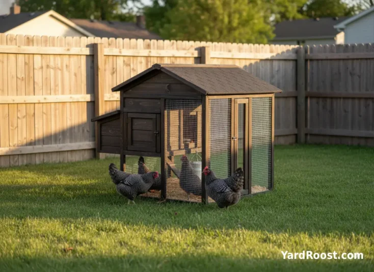 Several barred Plymouth Rock hens calmly foraging in a covered backyard run with a wooden coop behind them.