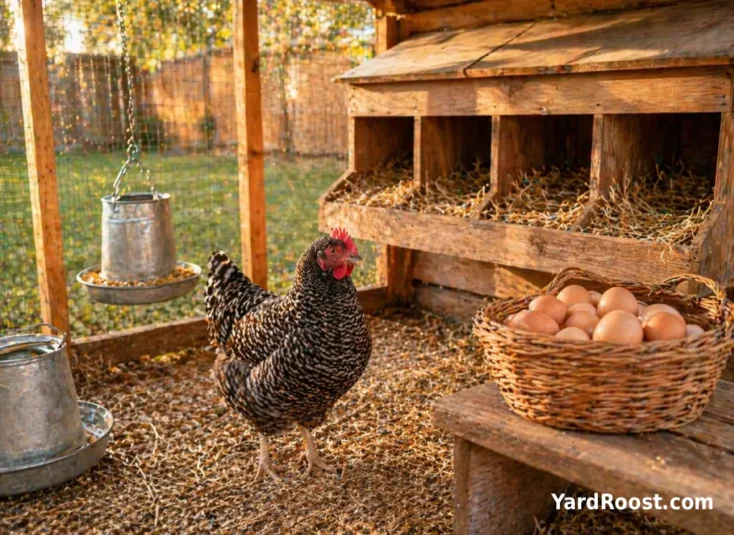 A barred Plymouth Rock hen near nest boxes with several clean brown eggs in a wicker basket.