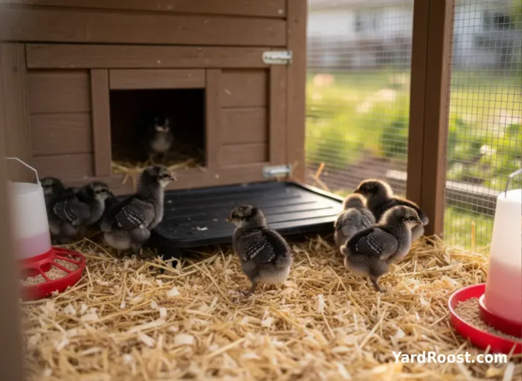 Young barred Plymouth Rock chicks under a brooder plate on pine shavings with feeder and waterer nearby.