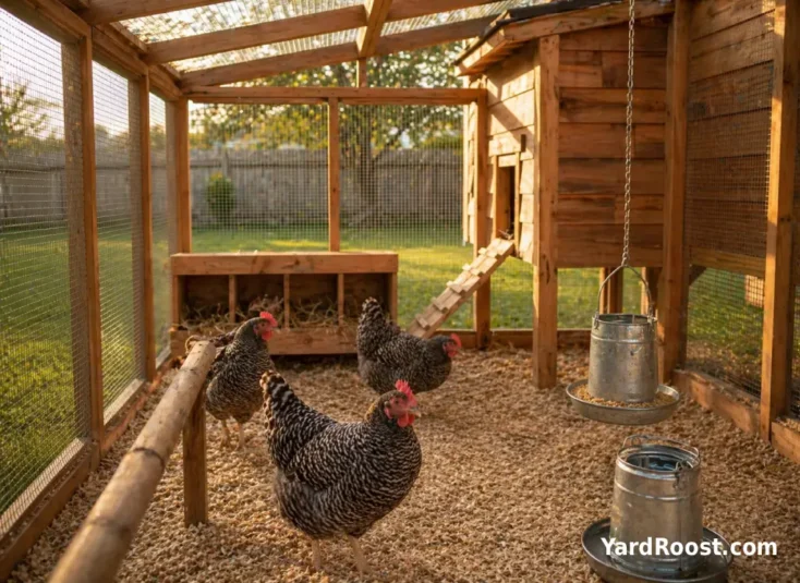 A small backyard coop with a covered run set up for larger dual-purpose hens like barred Plymouth Rocks.