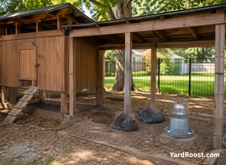 Barred Plymouth Rock hens in a shaded covered run with water available during warm summer weather.