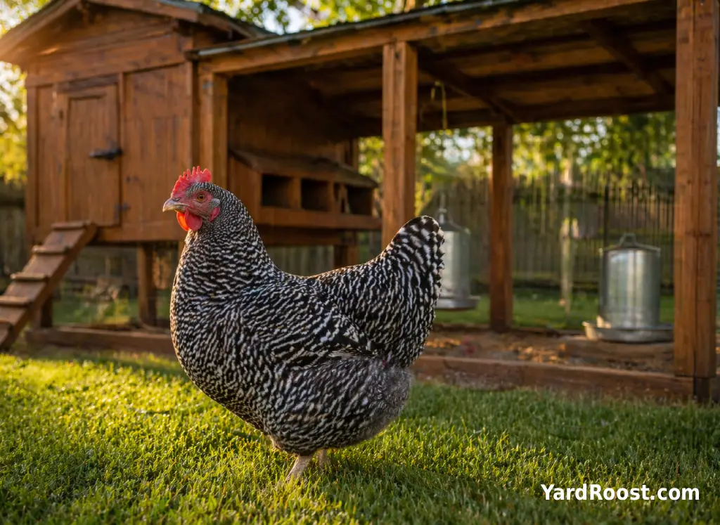 A barred Plymouth Rock hen beside a simple sign-free coop setup showing the classic barred feather pattern clearly.