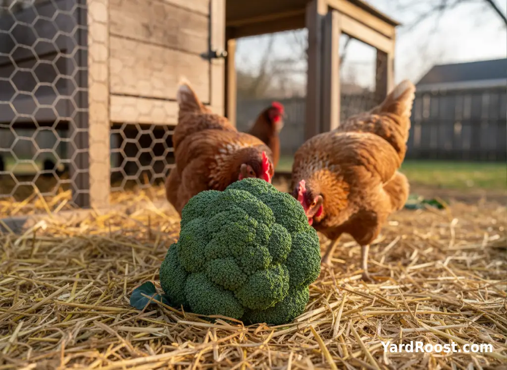 A small flock of hens pecks at a fresh broccoli head on straw inside a covered run.