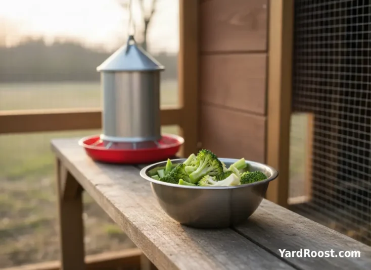 A bowl of bite-sized chopped broccoli sits beside a hanging chicken feeder in a covered run.