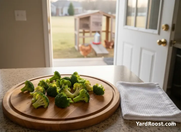 Plain steamed broccoli florets cool on a wooden cutting board before being offered as chicken treats.