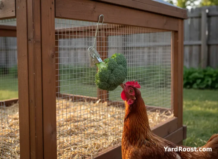 A broccoli head is clipped to run wire and a hen stretches up to peck at the florets.