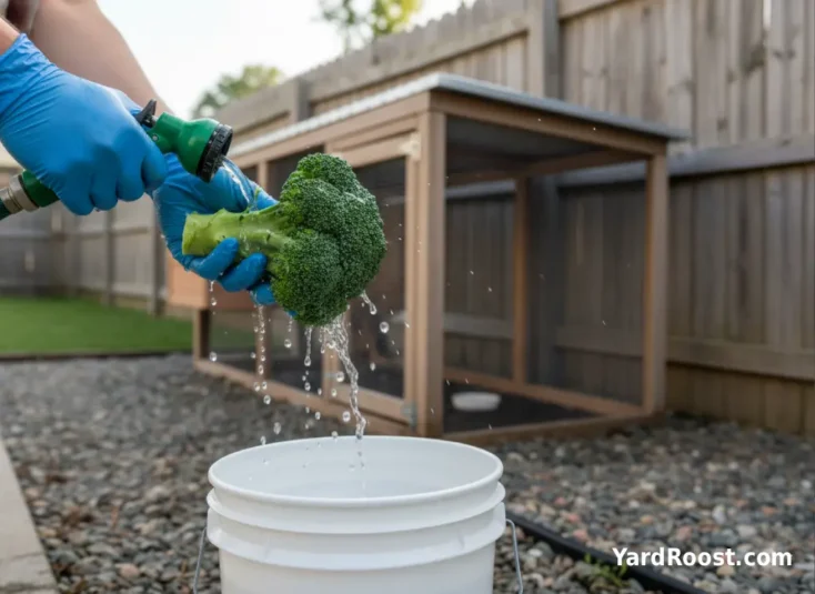 Gloved hands rinse a broccoli head with a hose into a clean bucket near a backyard coop.