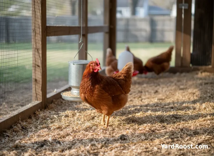 A hen stands slightly apart near a feeder with mildly fluffed feathers in a covered run.