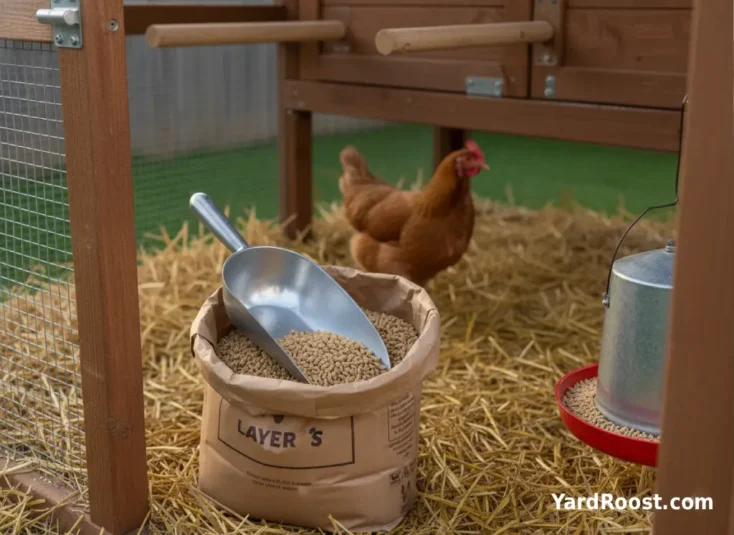 A feed scoop sits on an open bag of layer pellets next to a hanging feeder in a covered run.