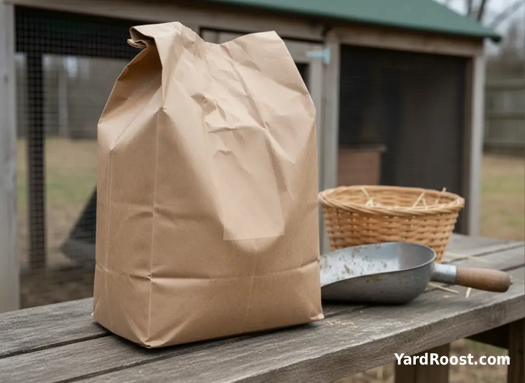 A feed bag is turned to show the label area while sitting on a wooden bench with a scoop and egg basket.